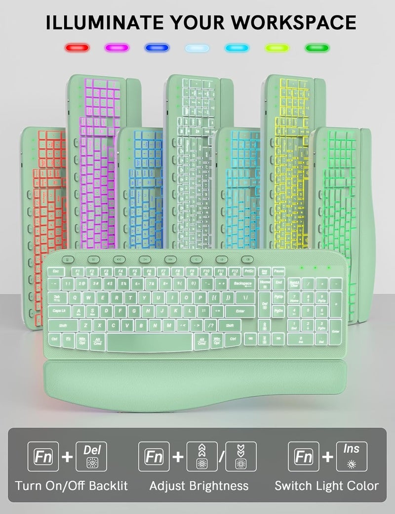 SABLUTE Ergonomic Wireless Keyboard and Mouse Combo - Wave Keyboard with Soft Leather Wrist Rest, Resistant Keys, RGB Backlit Rechargeable Set for PC/Mac/Chromebook (Green) - Image 3